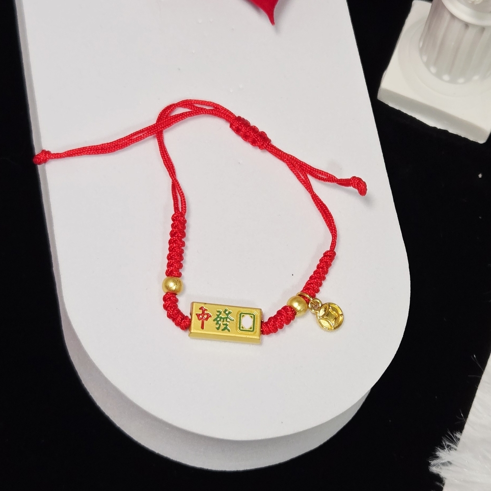 Red String Mahjong Bracelet 🀄 Lucky Gold Charm Chinese New Year Tile Symbols